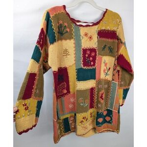 Vintage 90s Patchwork Floral 3D Embroidered Sweater Sz M Cottagecore Fall Granny